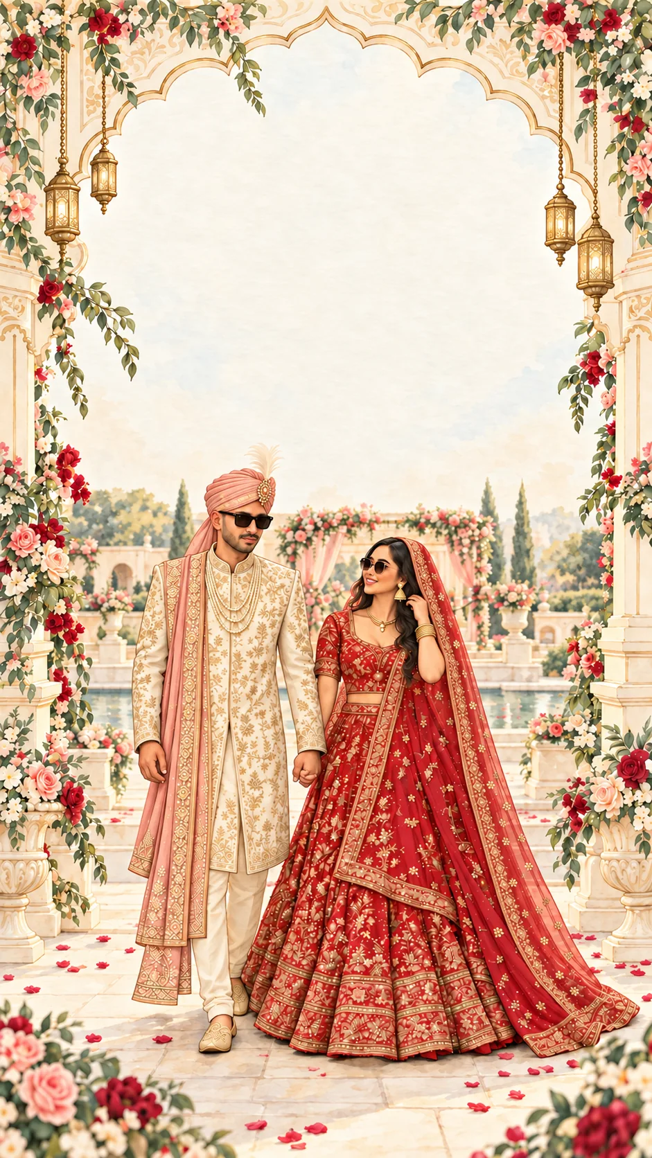 Jashin in ivory and blush and Udhavana in a red lehenga and veil, holding hands