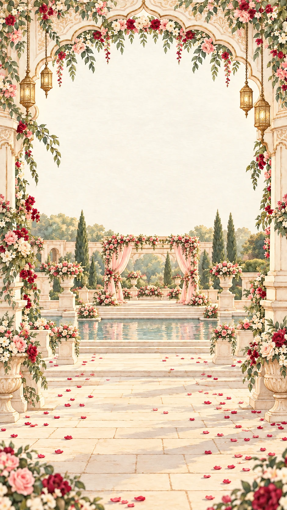A flower-lined courtyard with gold lanterns and a blush mandap