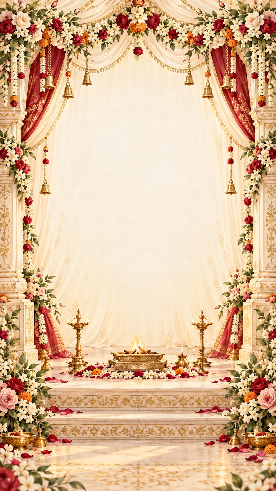 A Hindu mandap with jasmine, red roses, gold bells and a sacred fire